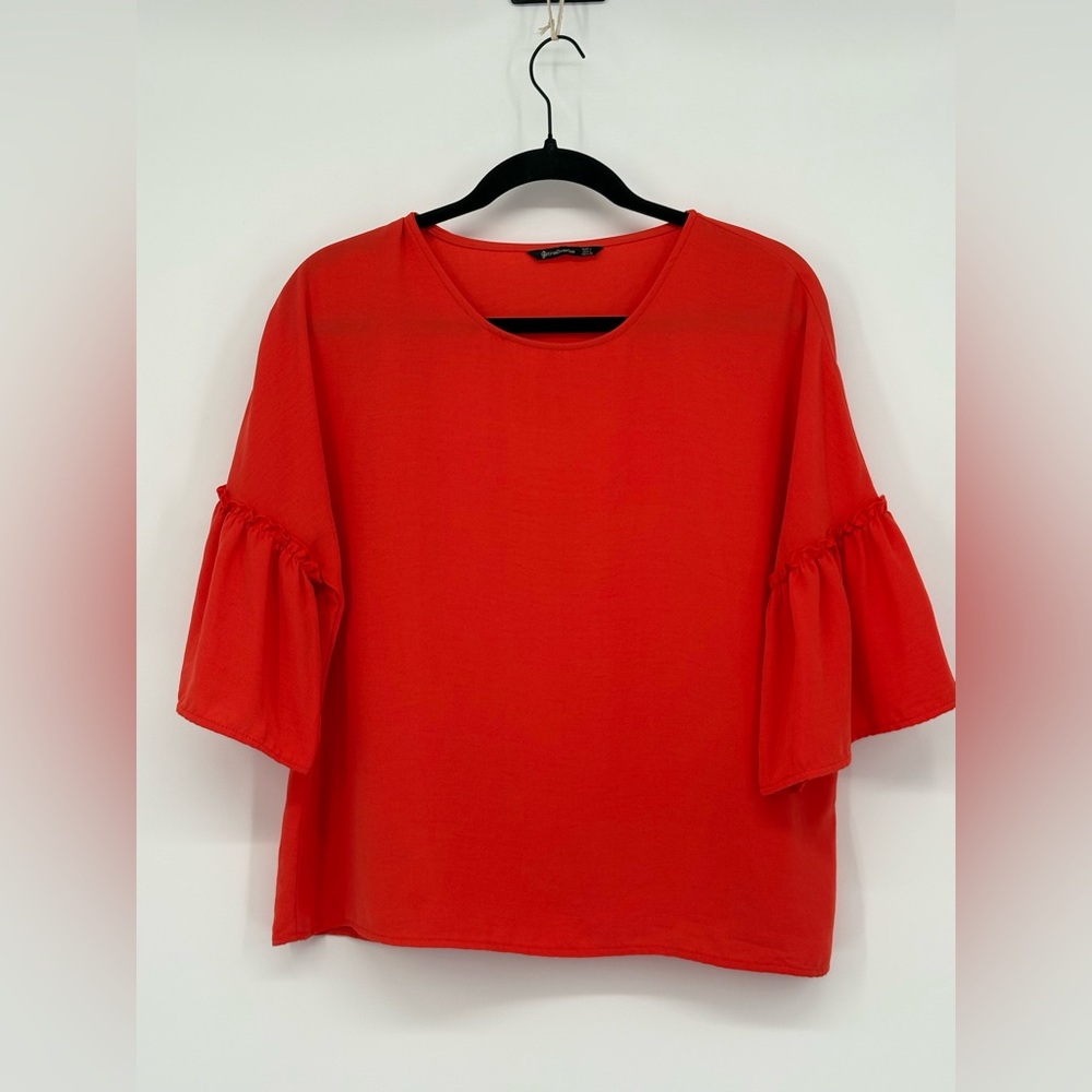 STRADIVARIUS Top 3/4 Ruffle Sleeve Orange Soft Touch Women’s Large